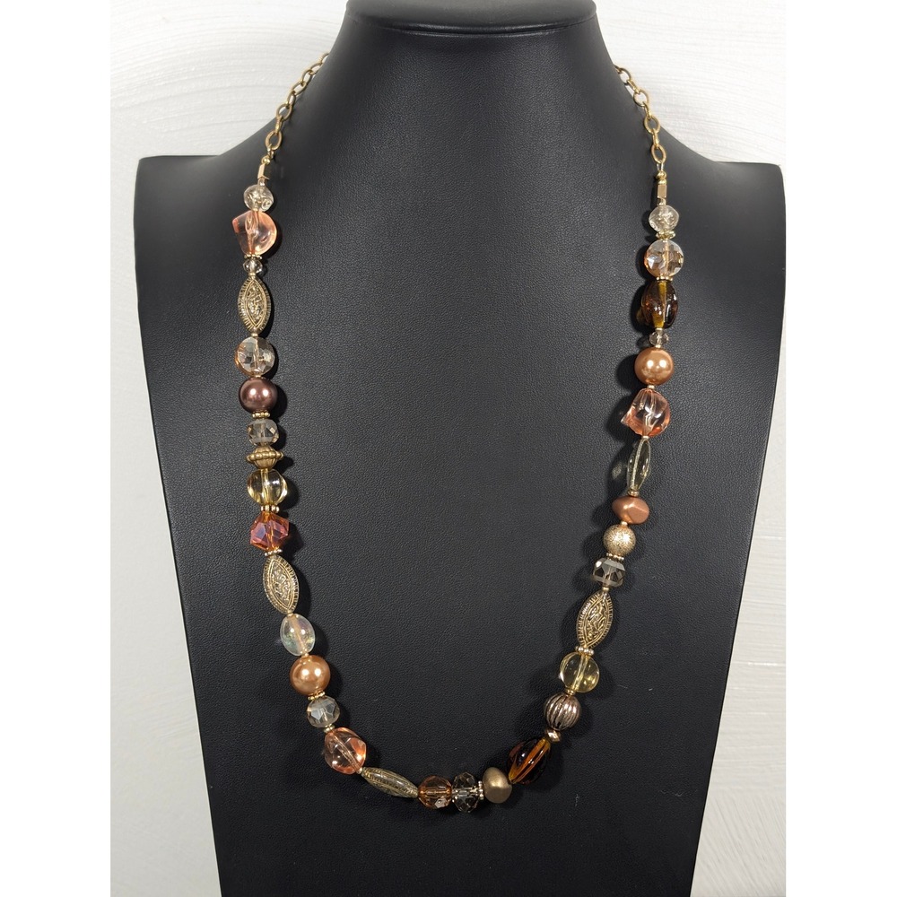 Brown Beaded Necklace Faux Pearl Glass Acrylic Gold Tone 26 Inch